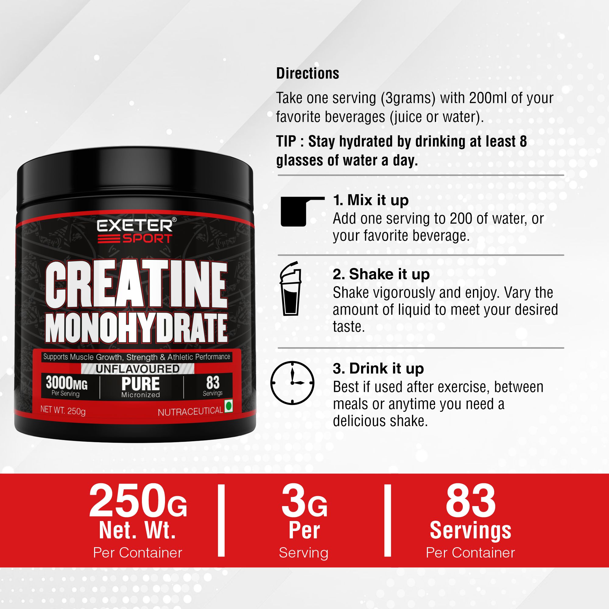 Exeter Sport Pure Creatine Monohydrate 250g - Image 3