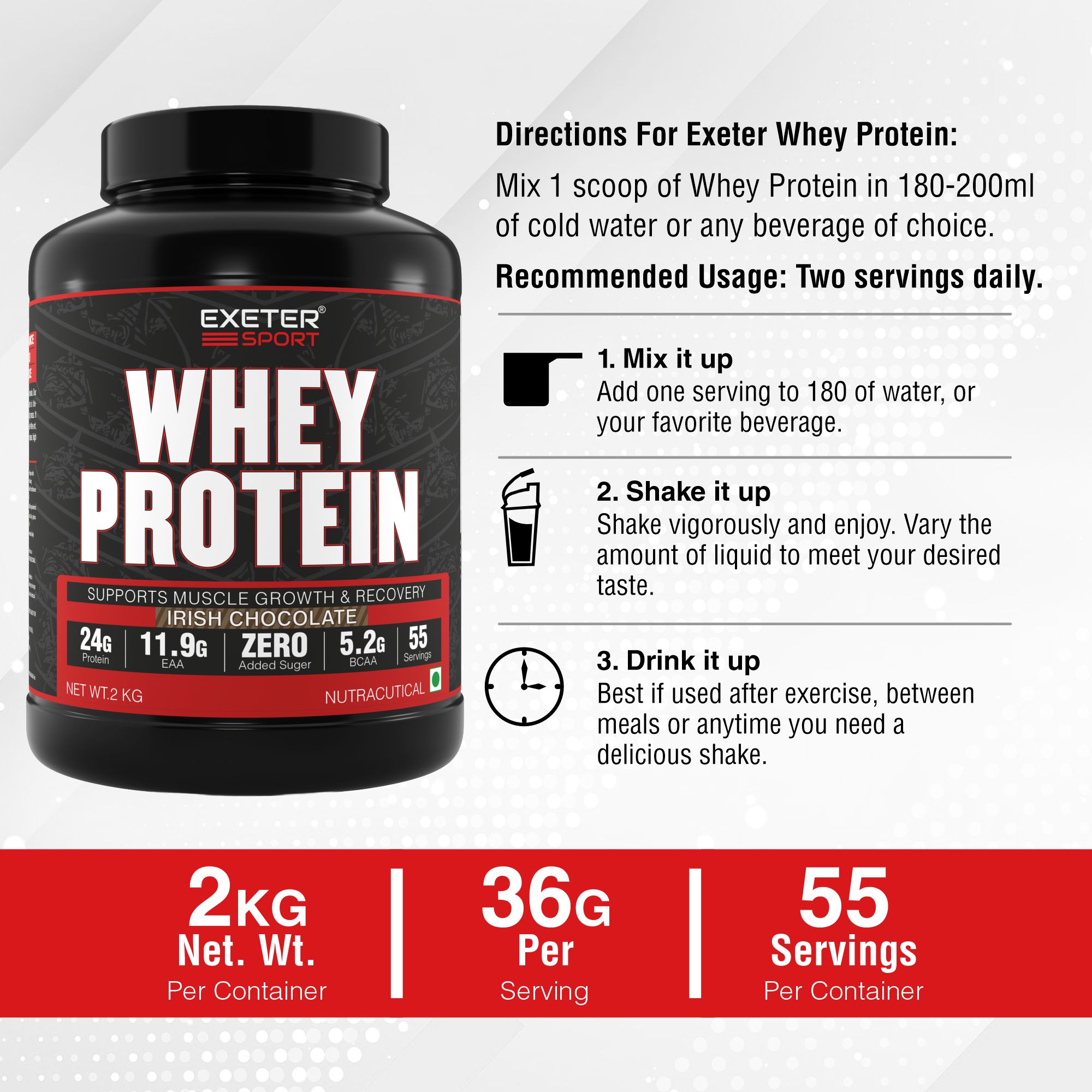 Exeter Sport Whey Protein |24g Protein | 11.9g EAA | 5.2g BCAA - Image 3